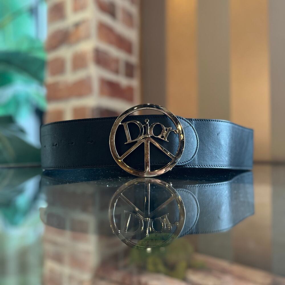 DIOR Wide Black Leather Peace Sign Belt SZ 90